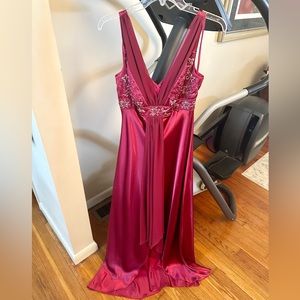 Cranberry red wine colored formal dress w/ silver beading & embroidery. Like new